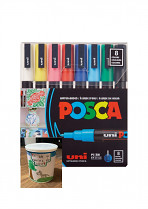 Popisovač POSCA PC-3M pro DIY použití hrot tenký 8-sada  základní barvy + plechovka kávy Lizard Coffee Brasil k pomalování 