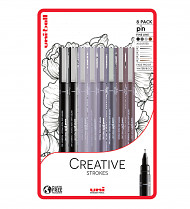 Liner UNI PIN  CREATIVE STROKES 8-sada  (černá 0,6 a štětec/sv. šedá 0,5 a štětec/tm. šedá 0,5 a štětec/sepia 0,5 a štětec)