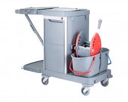 Úklidový servisní vozík MERIDA Opera, 2x15 l dvoukbelíkový systém s červeným ždímačem, 40 l box, 3x7 l vědro